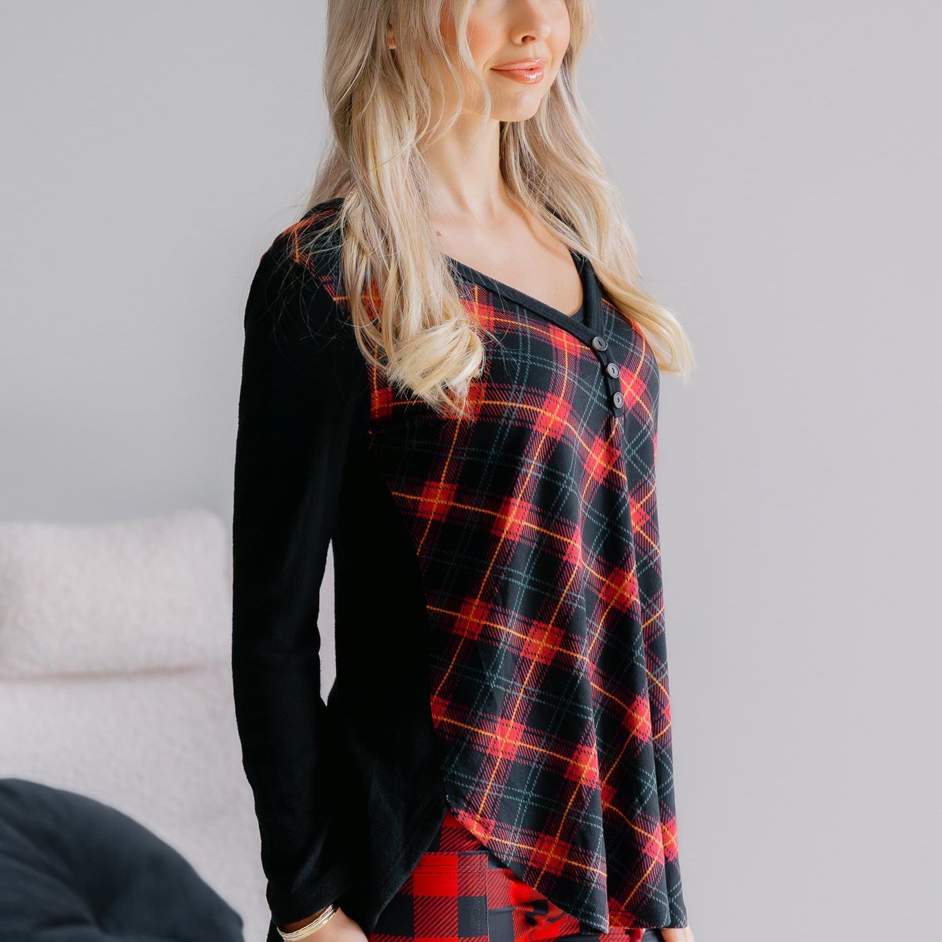 Crimson Cabin Plaid V-Neck